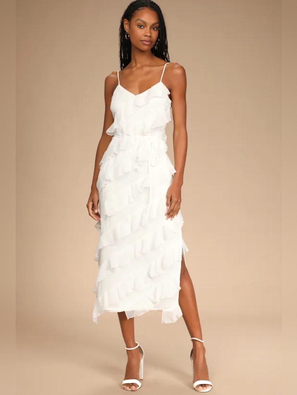 Lulus Sheer Dot Tiered Ruffle Slit Date Night Ladies Night Out Party Midi Dress